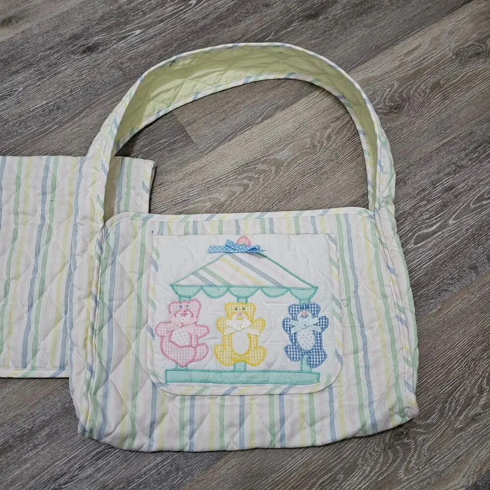 Vintage Mullins Square Kids Diaper Bag Quilted Carousal Bears 90s Baby Pastel